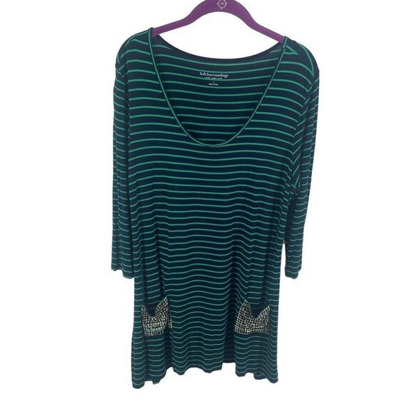 Soft Sorroundings Women's Striped tunic 3/4 Sleeve 2 Pockets Green navy blue Lar - Picture 7 of 12